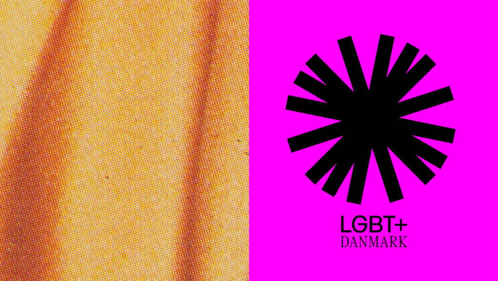 Grafik med gult mønster og en magenta firkant med LGBT+ Danmarks nye logo på.
