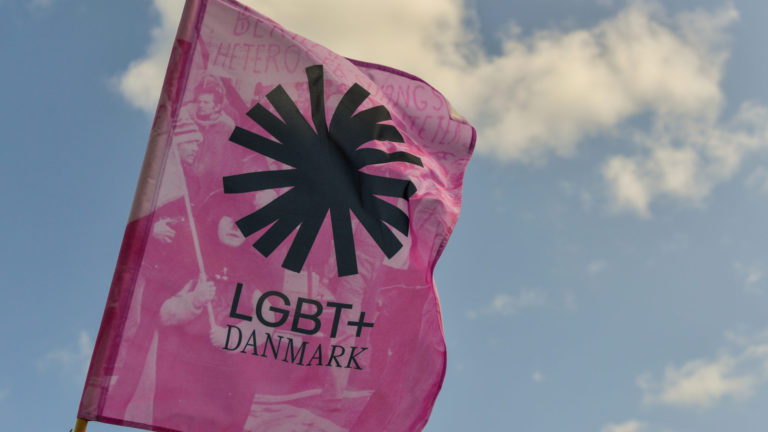 Pink flag med LGBT+ Danmarks logo mod en blå himmel.