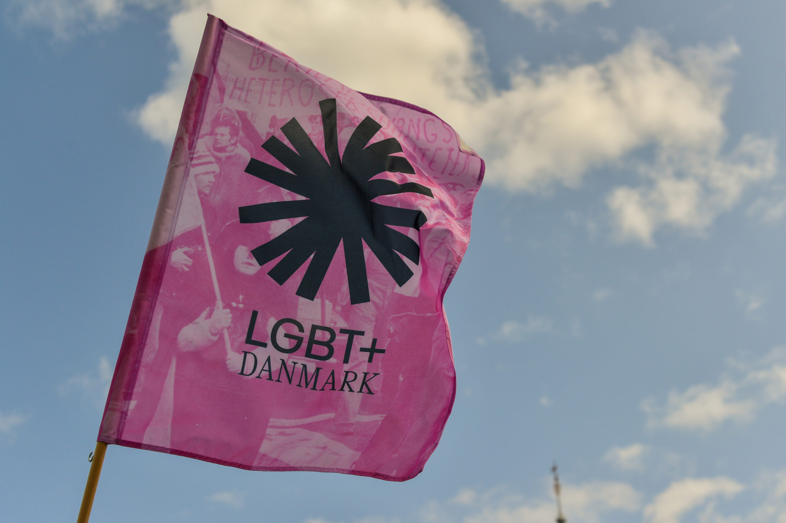 LGBT+ Danmarks logo på flag mod blå himmel