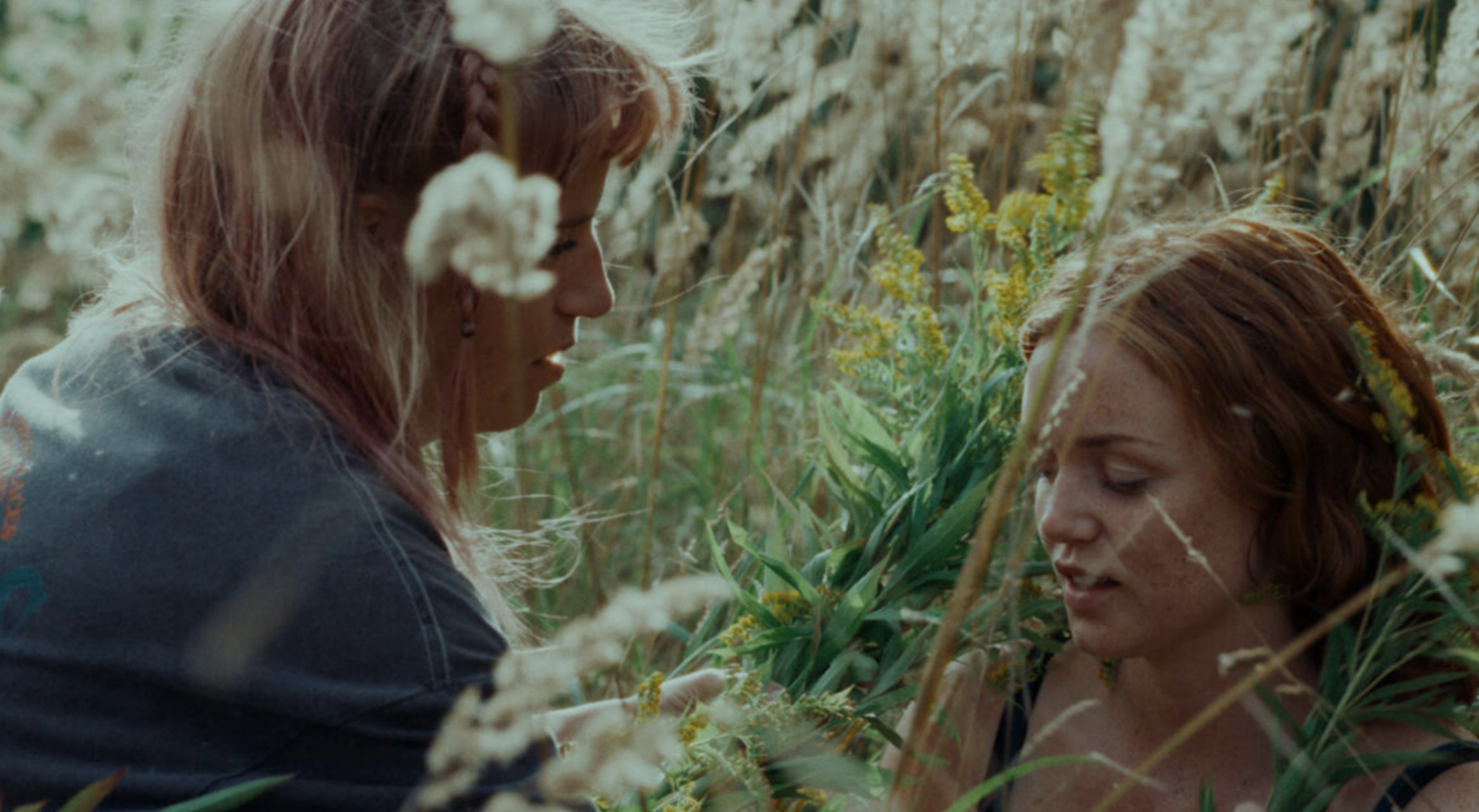 To unge kvinder sidder overfor hinanden i en vild eng.