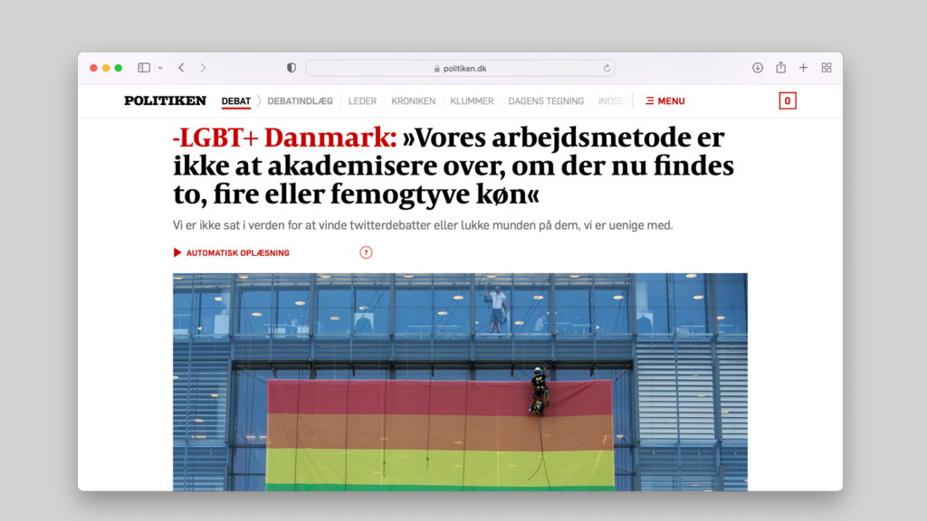 Debatindlæg af LGBT+ Danmark i Politiken 20. august 2022