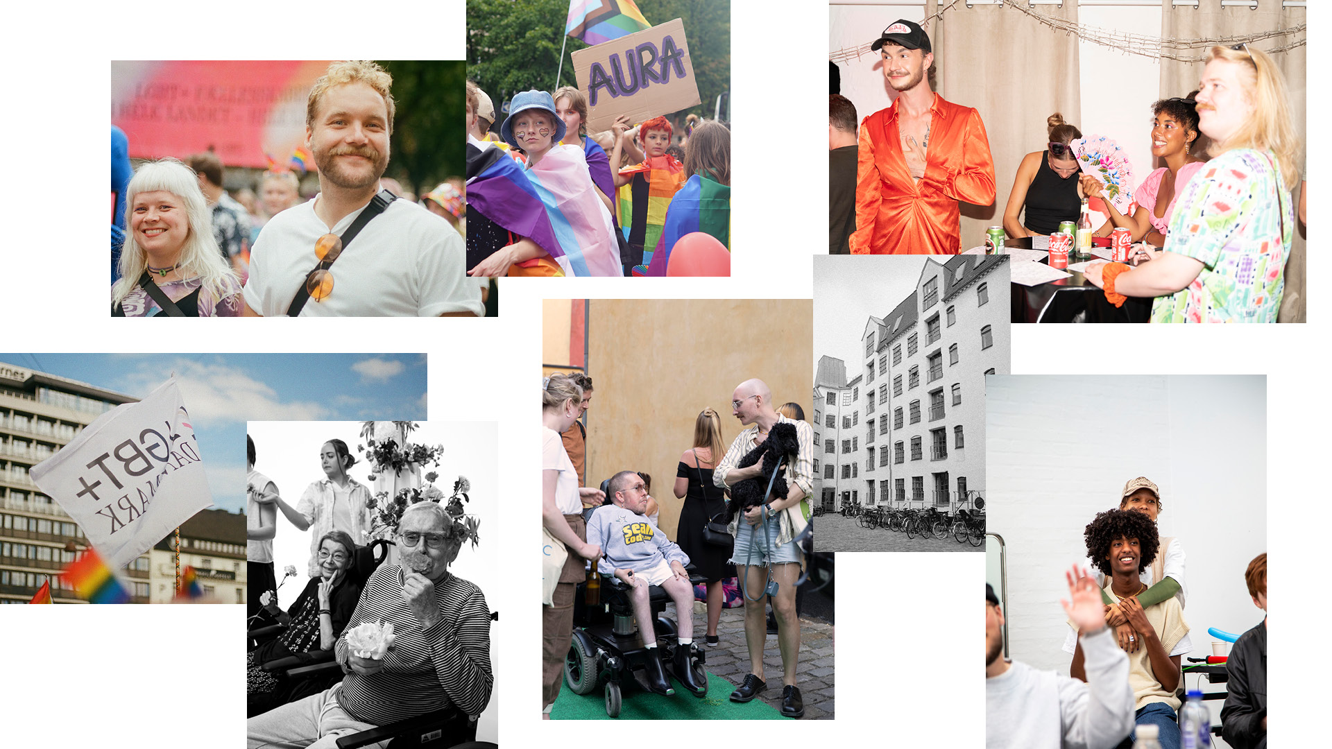 Kollage med billeder af forskellige LGBT+ personer til arrangementer hos LGBT+ Danmark
