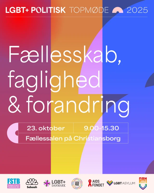 Sæt X i kalenderen - dato for årets LGBT+ Politisk Topmøde er landet👏
 
23. oktober afholder vi sammen med @fstb_dk, @sabaahdk, @copenhagenpride, @aidsfondetdk, @lgbtasylum_dk og @panidraet igen LGBT+ Politisk Topmøde. Vi rykker ind på Christiansborg og tager sammen med fagpersoner og politikere fat i de aktuelle politiske spørgsmål, der særligt påvirker bøsser, lesbiske, biseksuelle og transpersoner. 
 
Følg med her på profilen, hvor vi løbende offentliggør programmet for topmødet.👀