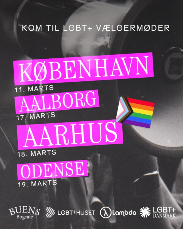 Hvem har din ryg efter folketingsvalget?

I samarbejde med @lgbthuset , @lambda_odense og @buensbogcafe inviterer vi til LGBT+ vælgermøder i København, Aalborg, Aarhus og Odense. Mød nogle af folketingsvalgskandidaterne, og hør, hvor de står i forhold til nogle af tidens vigtigste LGBT+ spørgsmål.

Læs mere om de enkelte vælgermøder via linket i bio.